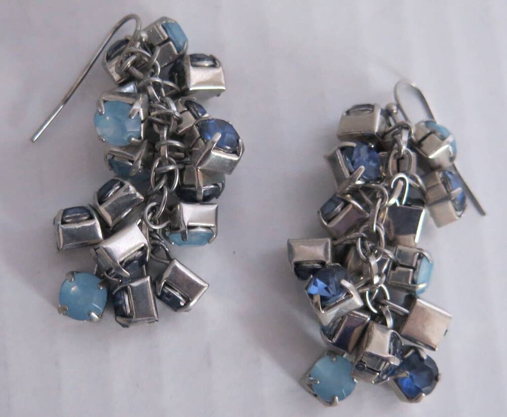 PIERCED EARRINGS Long Dangle Drop Cluster Blues Silver Sparkle Boho Jewelry